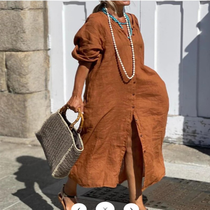 Casual Loose Linen Shirt Dress - 패션 우아한 봄 코튼 린넨 드레스