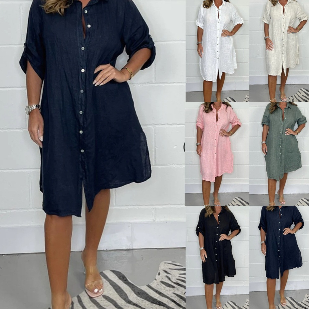 Casual Loose Linen Shirt Dress - 봄/여름용 린넨 소재의 3/4 소매가 달린