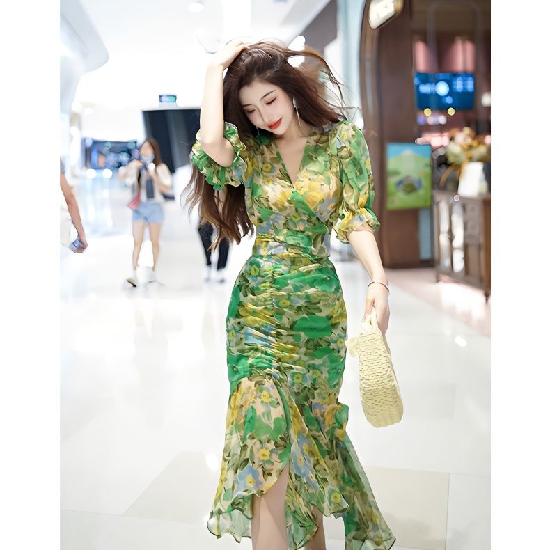 French Vintage Floral Midi Dress - 새로운 여름 패션 스타일 허리 포옹