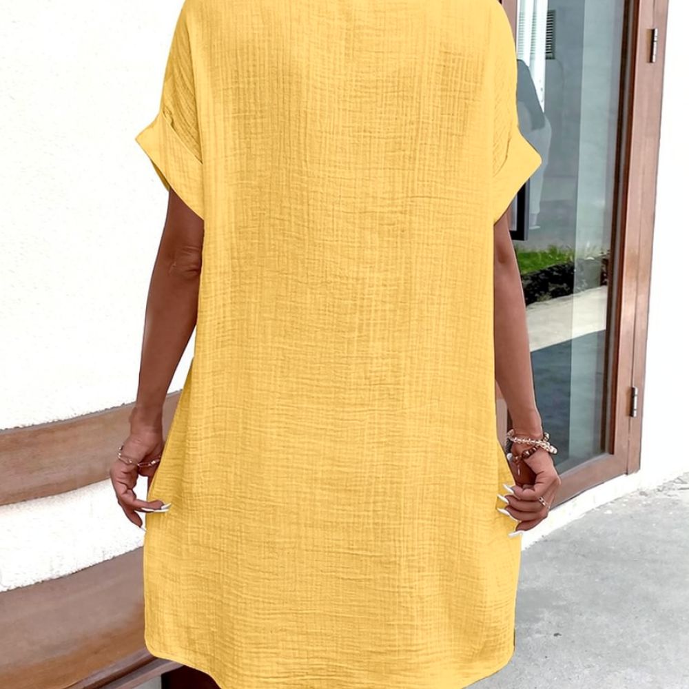 Casual Loose Linen Shirt Dress - 여성용 V넥 셔츠형 원피스, 여름용 캐주얼