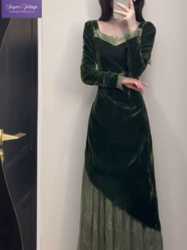 French Vintage Floral Midi Dress - 프렌치 빈티지 우아한 벨벳 드레스 여성용