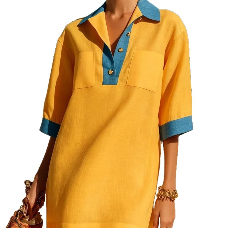 여성 여름 우아한 배색 포켓 폴로 셔츠 드레스 비치 커 - Casual Loose Linen Shirt Dress 리뷰 및 가격
