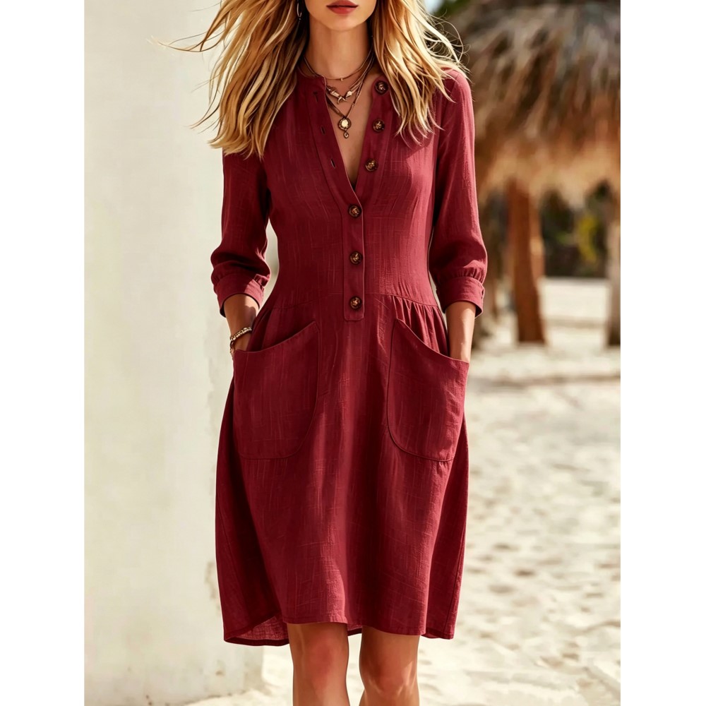 패션 모조 버튼 리넨 V 넥 버튼 7 쿼터 슬리브 셔츠 - Casual Loose Linen Shirt Dress 리뷰 및 가격