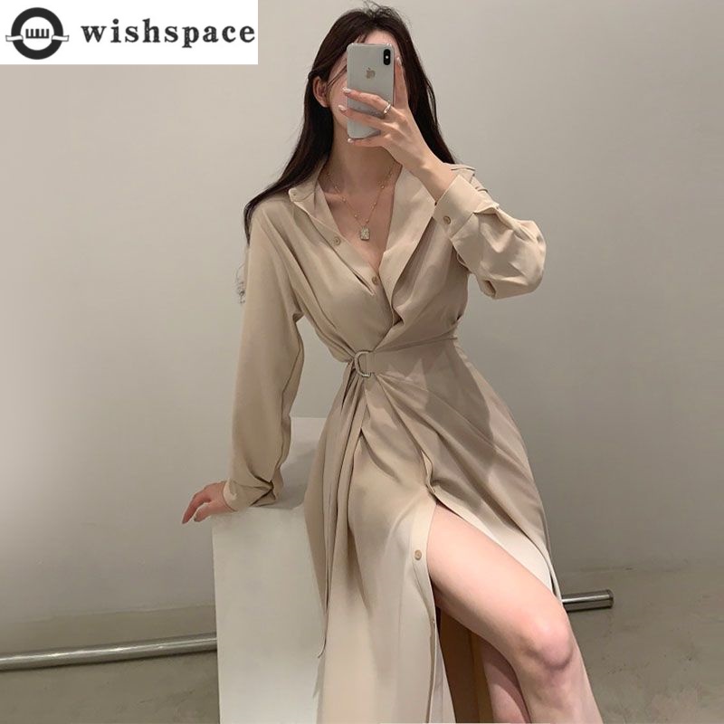 긴 소매 옷깃 셔츠 스타일 드레스 한국 스타일 우아한  - Korean Style A Line Shirt Dress 리뷰 및 가격