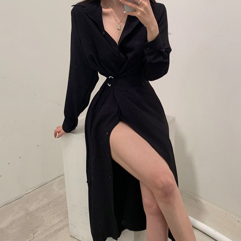 긴 소매 옷깃 셔츠 스타일 드레스 한국 스타일 우아한  - Korean Style A Line Shirt Dress 리뷰 및 가격
