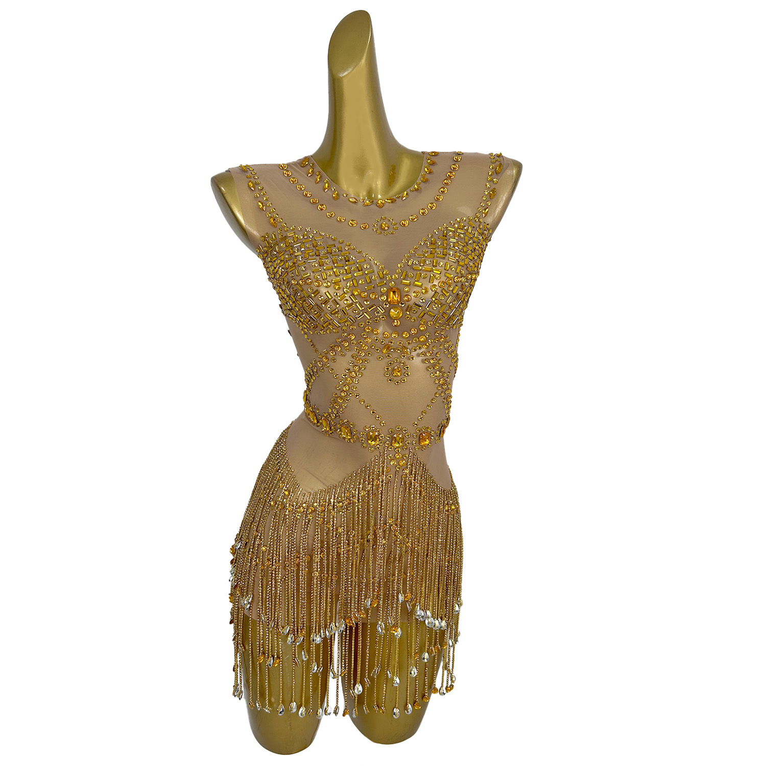 반짝이는 금색 라인스톤 장식의 술 장식이 달린 시스루  - Sparkly Rhinestone Club Party Dress 리뷰 및 가격