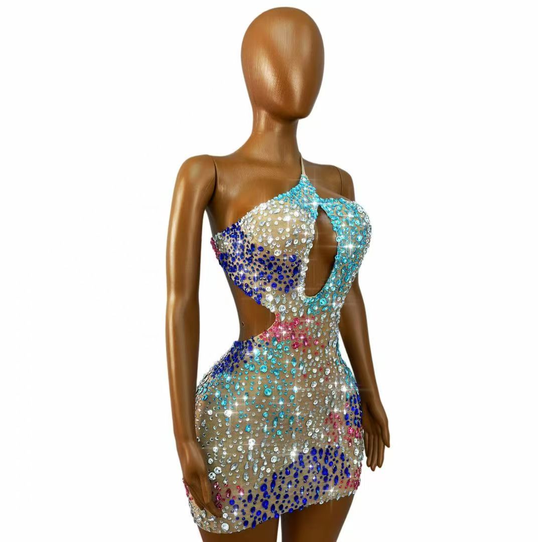 반짝이는 화려한 라인스톤 여성용 백리스 시스루 메쉬 바 - Sparkly Rhinestone Club Party Dress 리뷰 및 가격