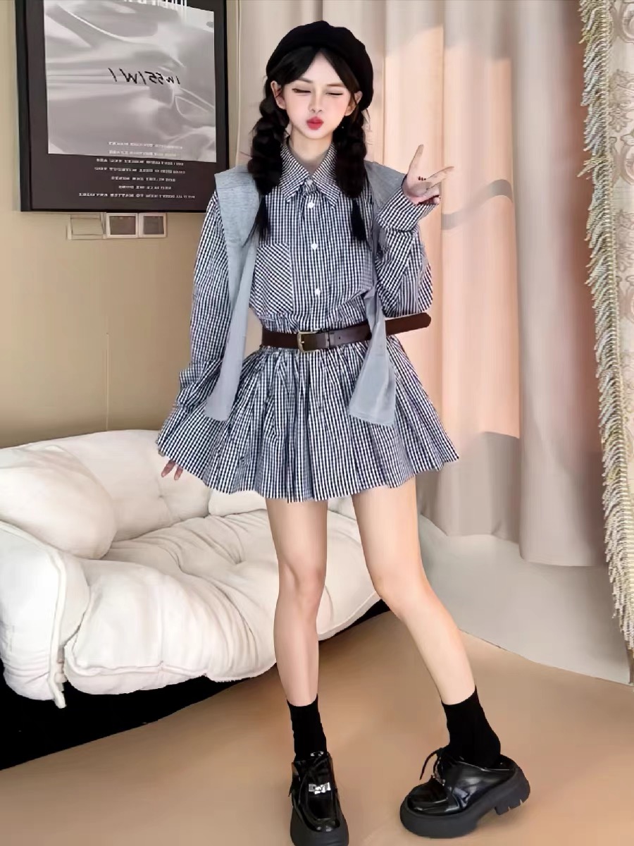 초가을 한국 스타일 셔츠 드레스 빈티지 체크무늬 스커트 - Korean Style A Line Shirt Dress 리뷰 및 가격