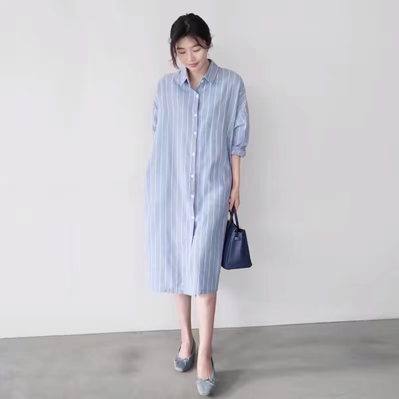 블루 스트라이프 셔츠 드레스 여성용 루즈핏 캐주얼 롱  - Korean Style A Line Shirt Dress 리뷰 및 가격