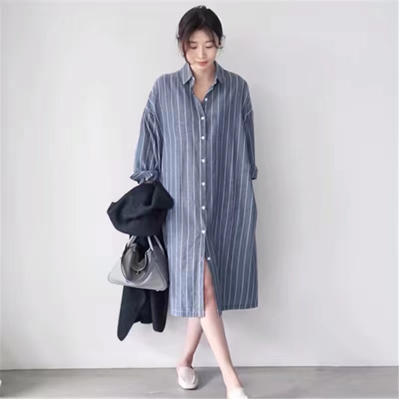 블루 스트라이프 셔츠 드레스 여성용 루즈핏 캐주얼 롱  - Korean Style A Line Shirt Dress 리뷰 및 가격